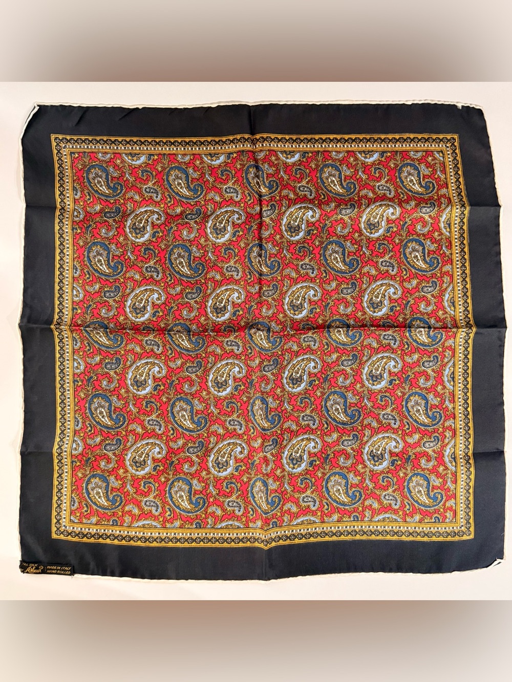 Vintage Ashear silk Paisley neck scarf Square - Red, gold, black + blue